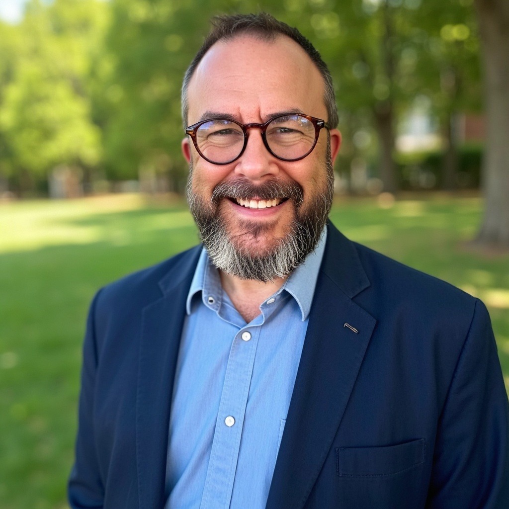 Smiling man with a beard and glasses stands in a green park, wearing a blue blazer and shirt, conveying an approachable demeanor.